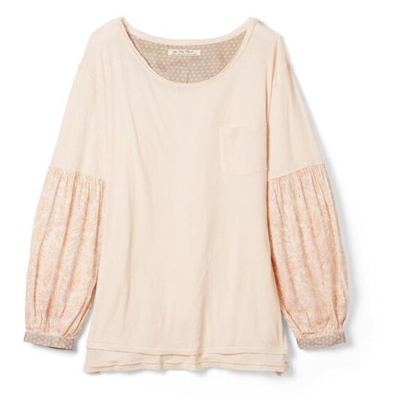 Free People Jade Long Sleeve Tee Top Cream 100% Cotton Floral Balloon Sleeve XS - Picture 1 of 7
